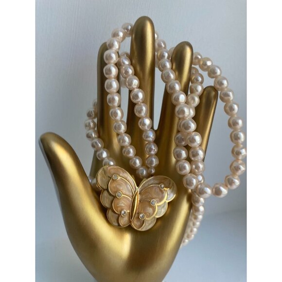 VINTAGE SIGNED K.J.L. FOR AVON FAUX PEARLS WITH ENAMEL BUTTERFLY 18" NECKLACE - Picture 1 of 16